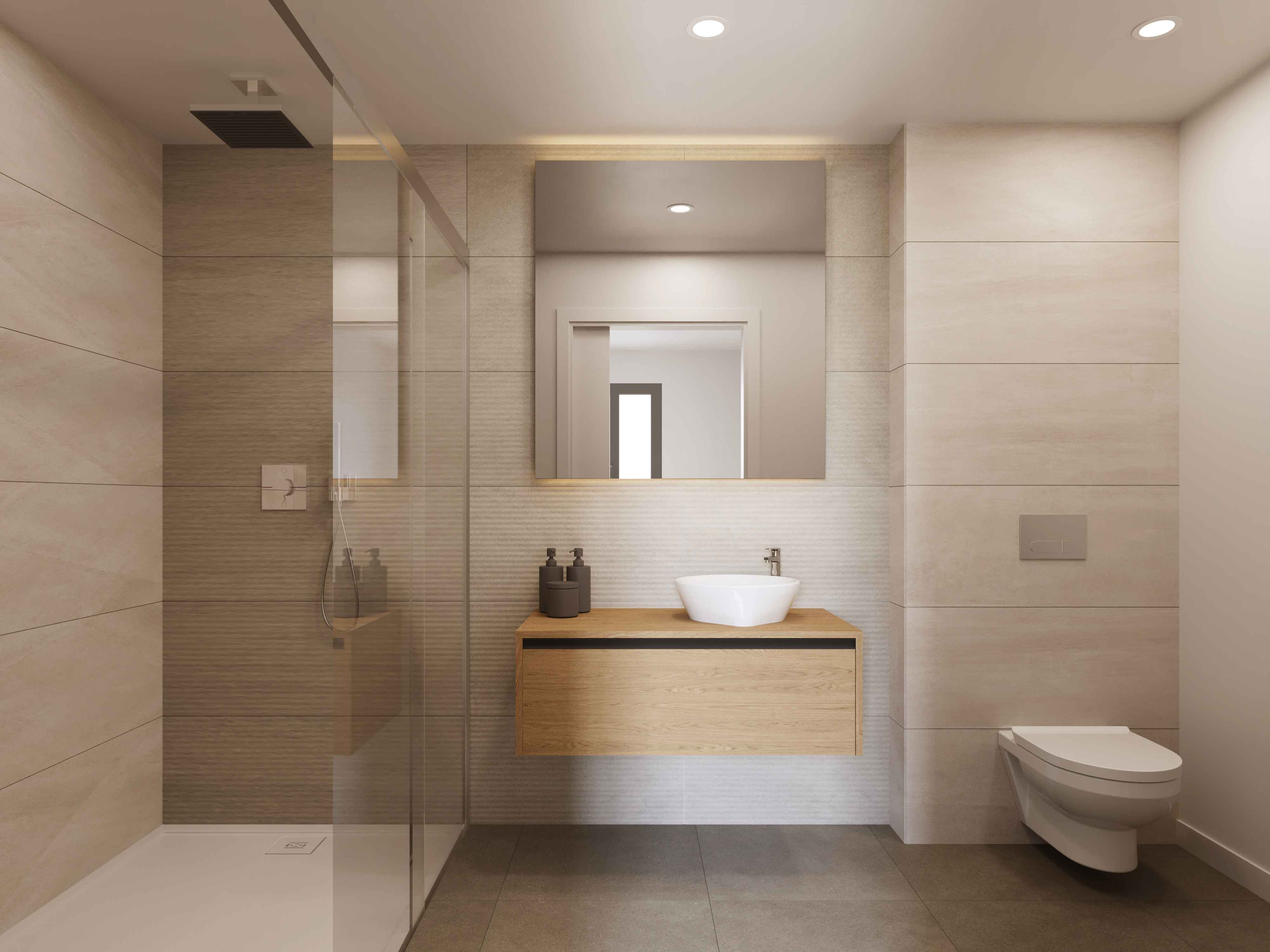 Hoofdbadkamer met hout en steen afwerkingen